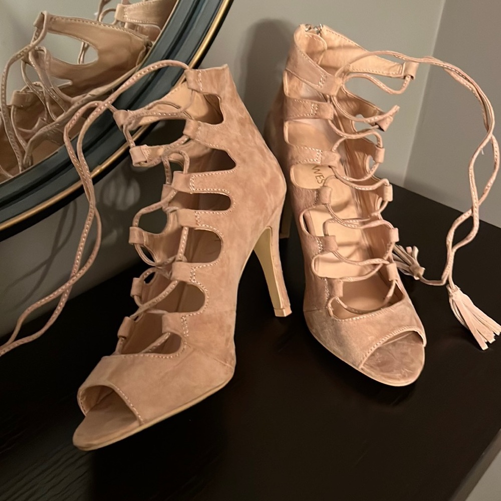 High Heel, Nude Suede Lace Up Strappy Heels
